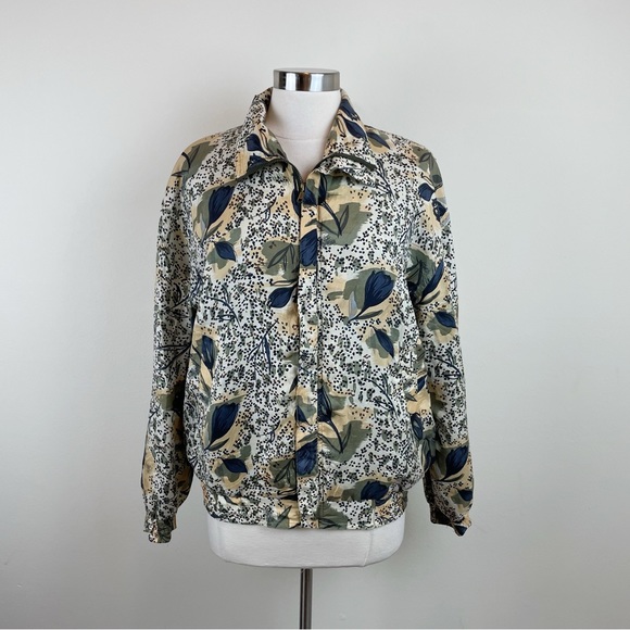 Kim Rogers Sport Olive Green Navy Blue Silk Floral Full Zip Jacket Women Small - Picture 1 of 8